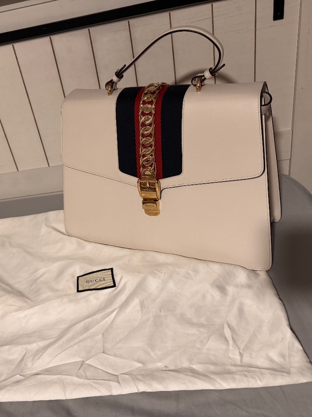 Gucci White Leather Vintage Web Maxi Sylvie Shoulder Bag